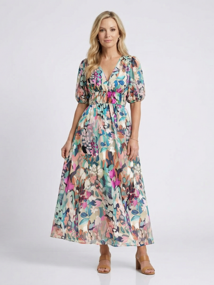 Kvinnors Boho Midi Klänning | V-Hals Blommig