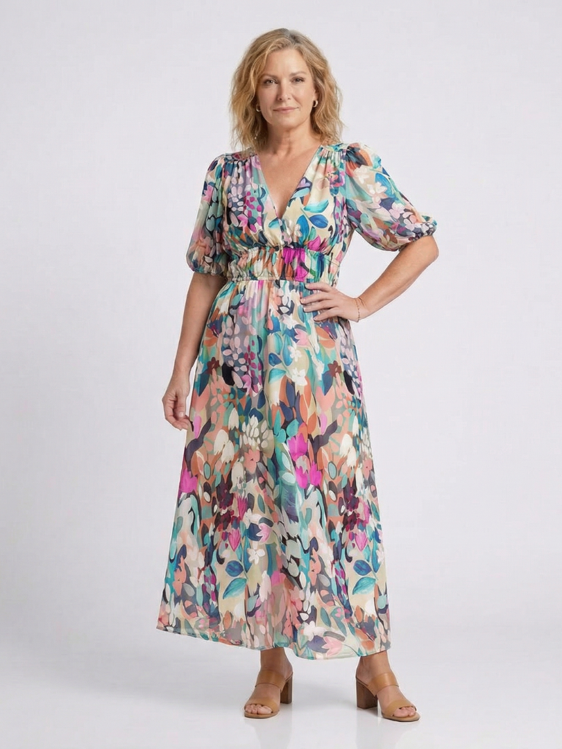 Kvinnors Boho Midi Klänning | V-Hals Blommig