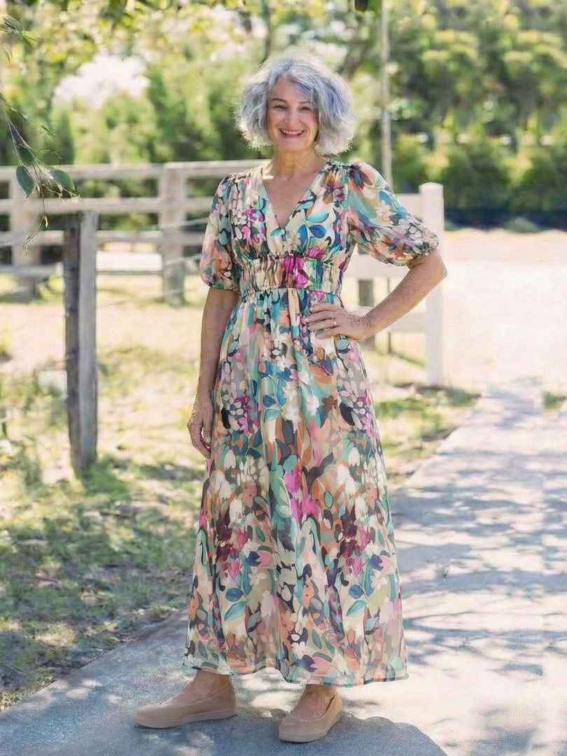 Kvinnors Boho Midi Klänning | V-Hals Blommig