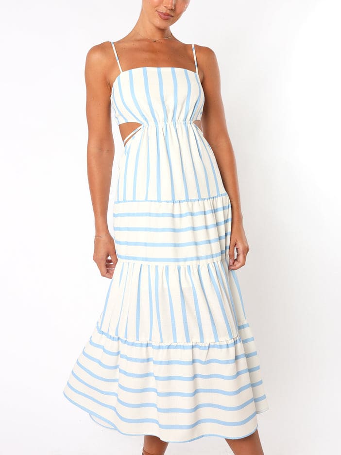 Kvinnors Midi Sommardress | Randig Öppen Rygg