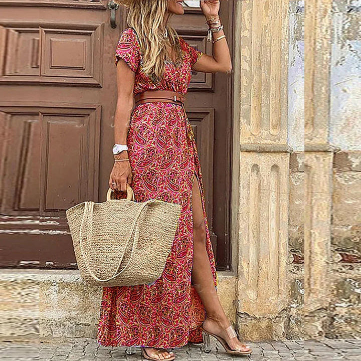 Kvinnors Klänning | Boho V-ringad Maxi med Bälte