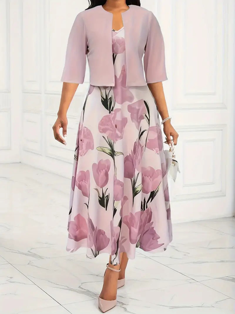 Kvinnors Maxi Klänning med Jacka Set | Rosa Blommig