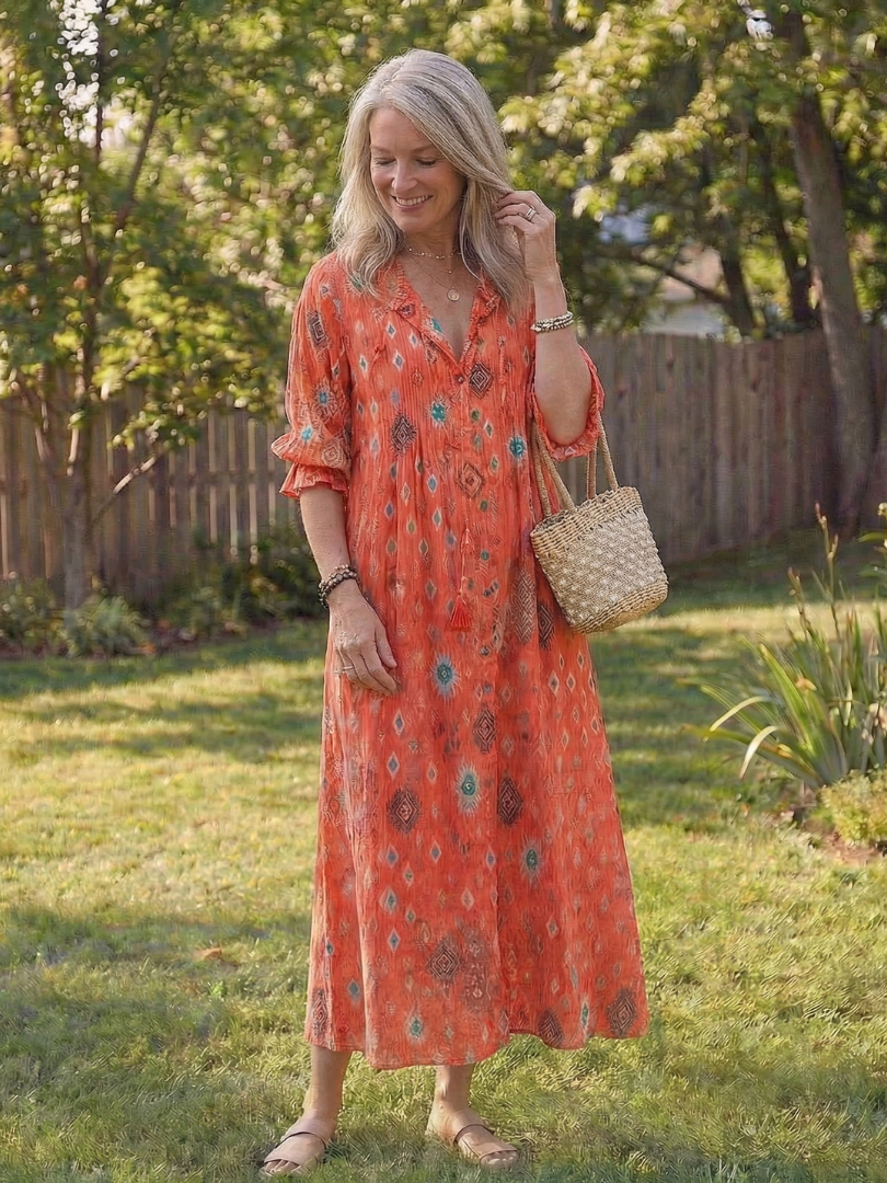 Kvinnors Boho Midi Klänning | Knappframs Floral