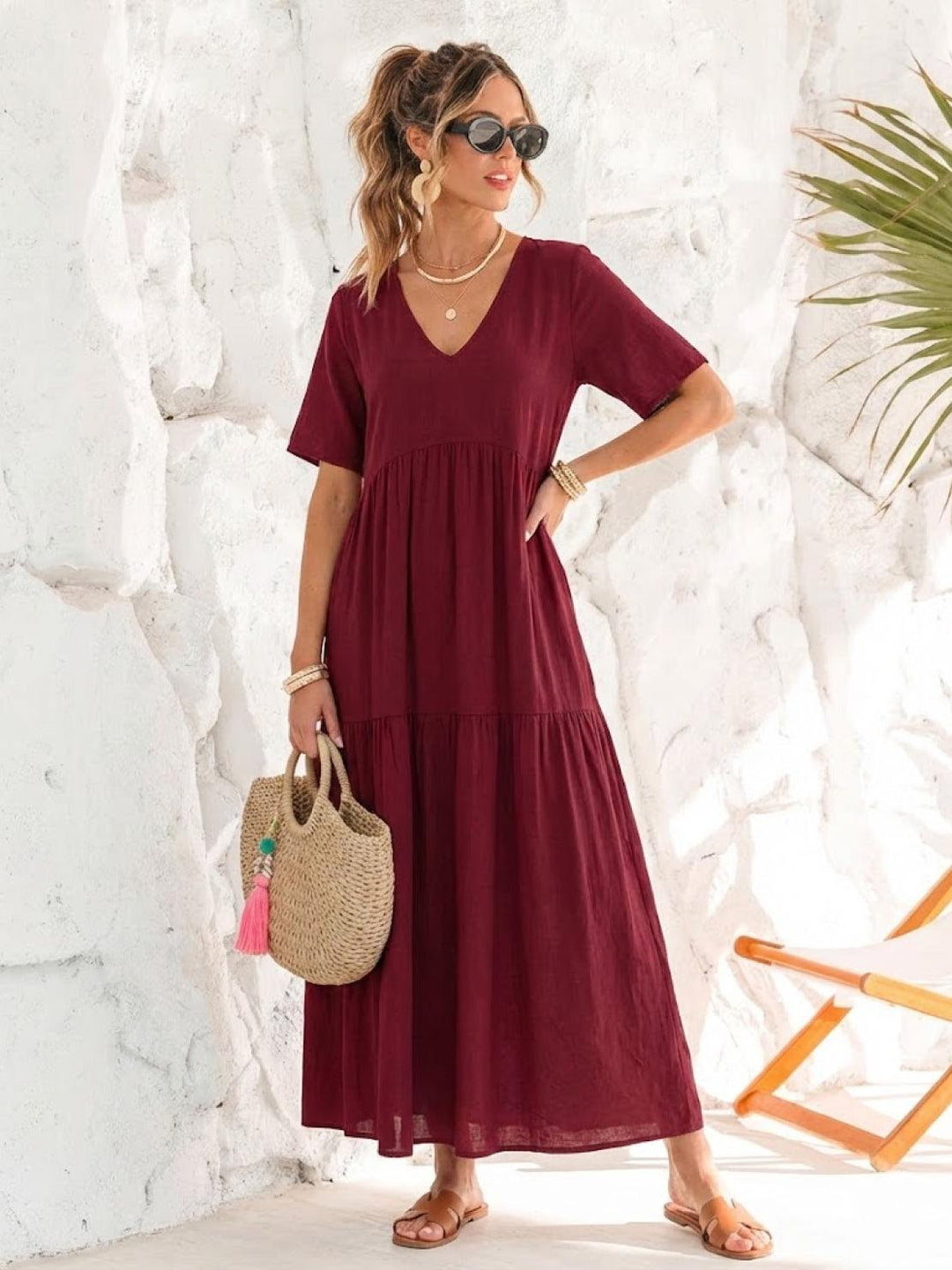 Kvinnors Boho Maxi Klänning | V-ringad Lager