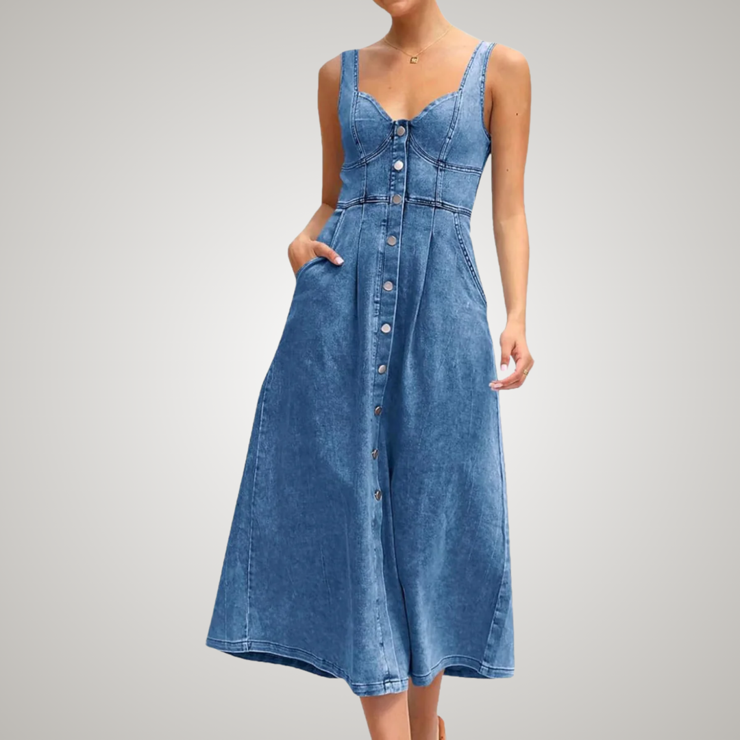 Kvinnors Klänning | Klassisk Knappframsidan Denim Midi