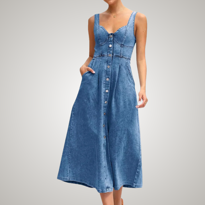 Kvinnors Klänning | Klassisk Knappframsidan Denim Midi