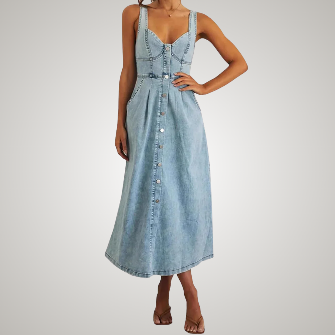 Kvinnors Klänning | Klassisk Knappframsidan Denim Midi