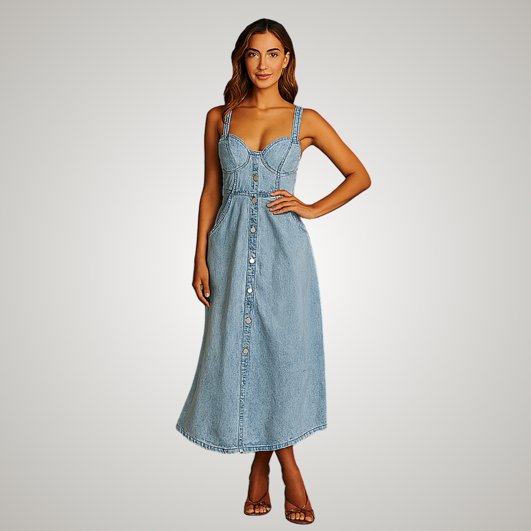 Kvinnors Klänning | Klassisk Knappframsidan Denim Midi