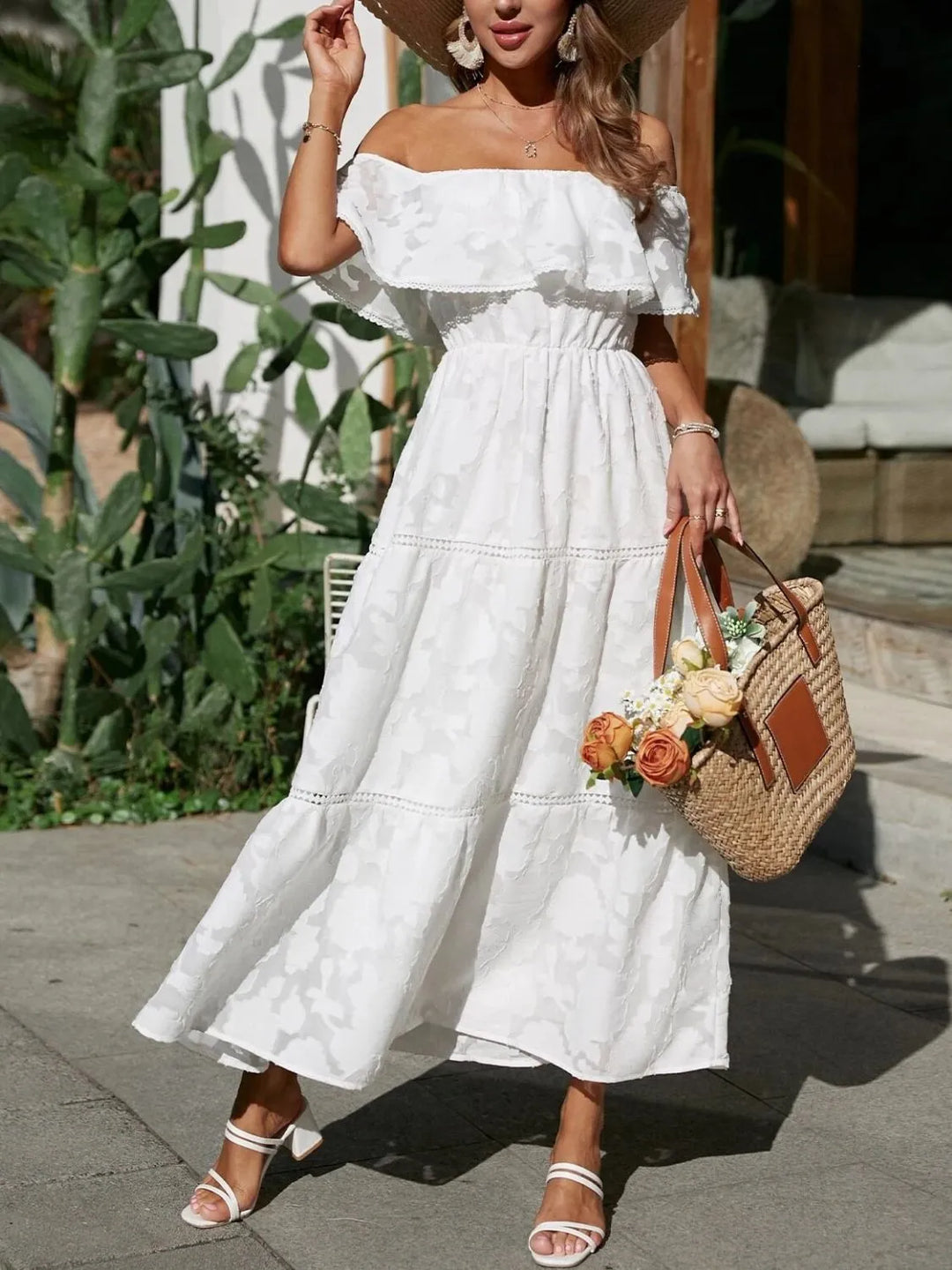 Kvinnors Bröllopsgäst Midi Klänning | Off-Shoulder Tiered