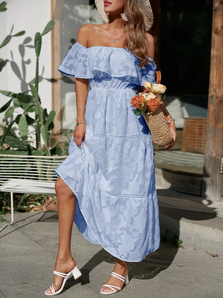 Kvinnors Bröllopsgäst Midi Klänning | Off-Shoulder Tiered