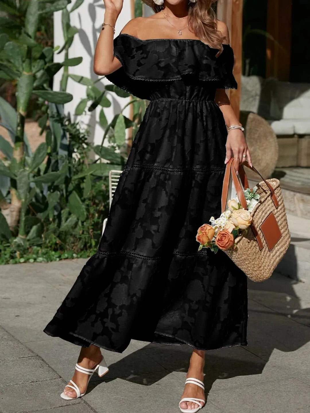 Kvinnors Bröllopsgäst Midi Klänning | Off-Shoulder Tiered
