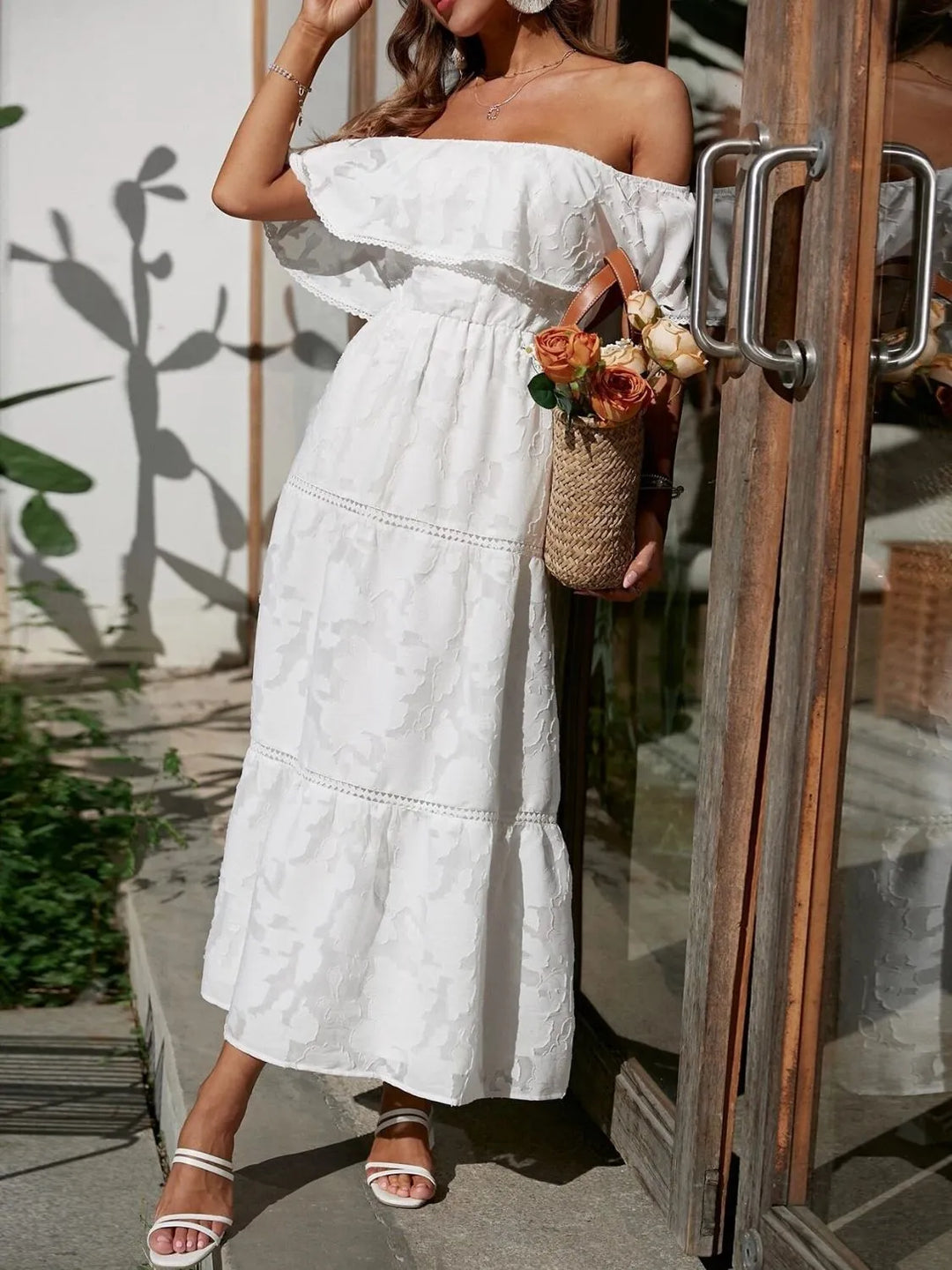 Kvinnors Bröllopsgäst Midi Klänning | Off-Shoulder Tiered