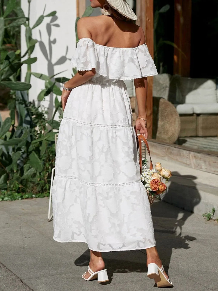 Kvinnors Bröllopsgäst Midi Klänning | Off-Shoulder Tiered