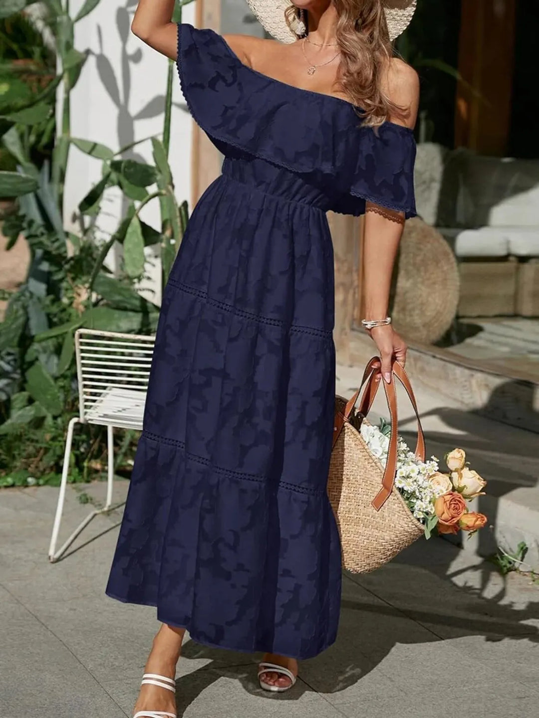 Kvinnors Bröllopsgäst Midi Klänning | Off-Shoulder Tiered
