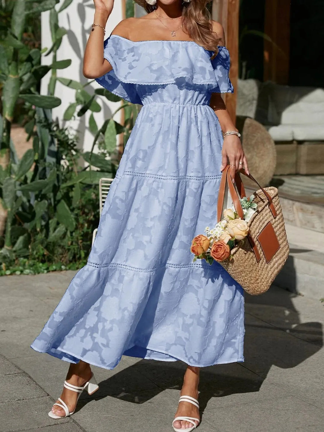 Kvinnors Bröllopsgäst Midi Klänning | Off-Shoulder Tiered