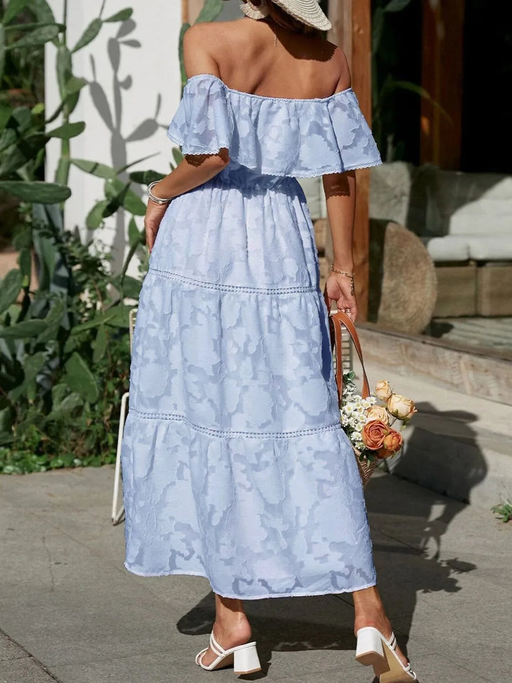Kvinnors Bröllopsgäst Midi Klänning | Off-Shoulder Tiered