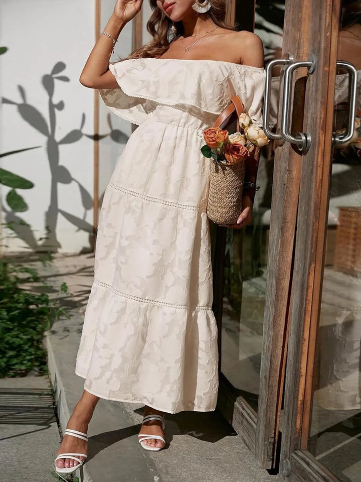 Kvinnors Bröllopsgäst Midi Klänning | Off-Shoulder Tiered